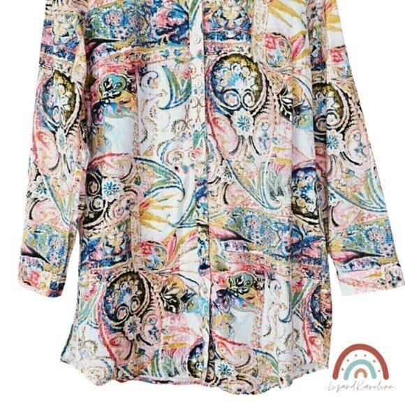 Soft Surroundings Kira Paisley Button Down Shirt Tunic Longline Blouse Top - Picture 7 of 12